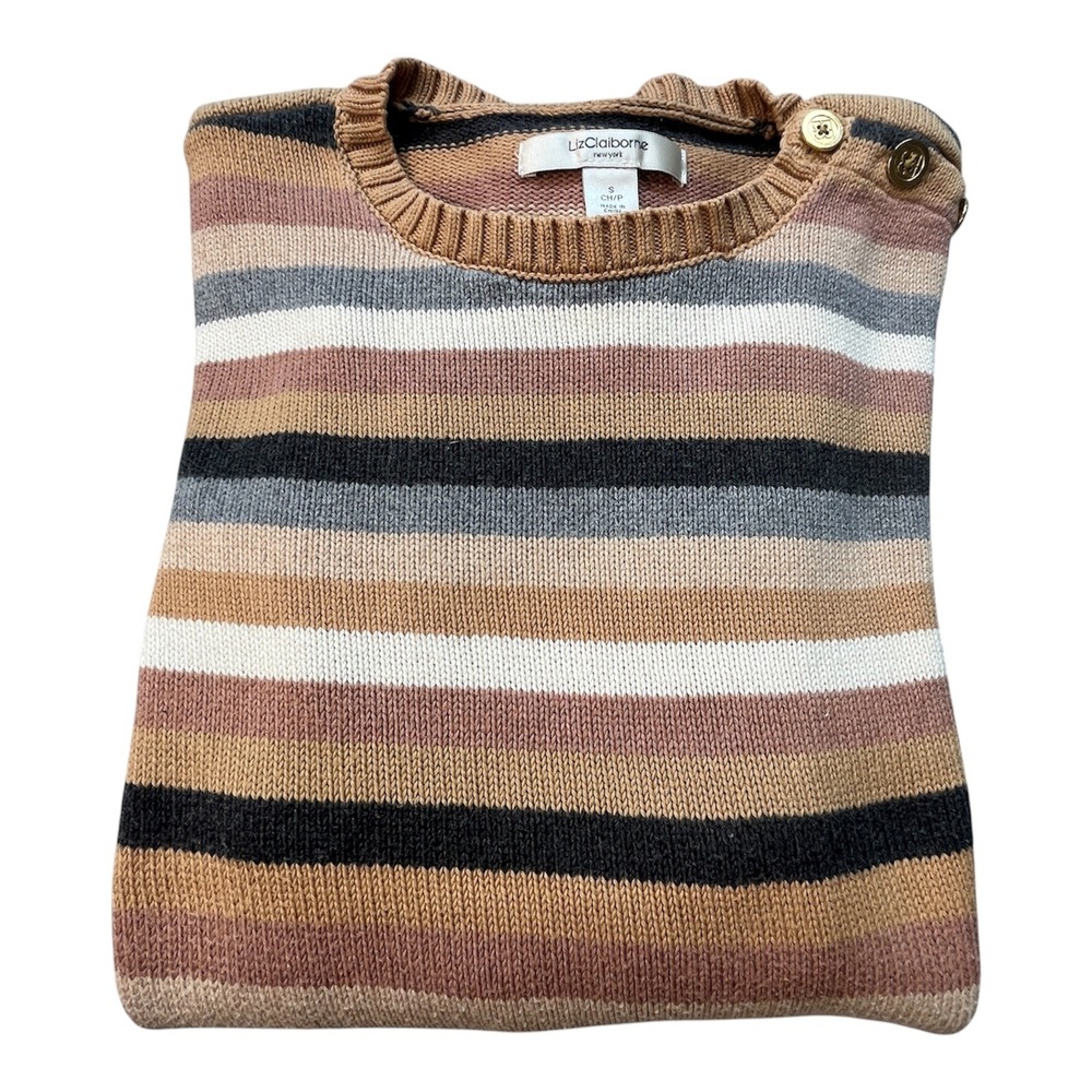 Y2K Liz Claiborne Striped Sweater Gold Button Boat Neck Shoulder SZ SM  READ